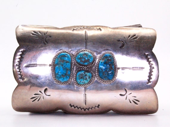 Impressive Vintage Native American Navajo Morenci Turquoise Sterling Silver Bowguard Impressive Vintage Native American Navajo Morenci Turquoise Sterling Silver Bowguard