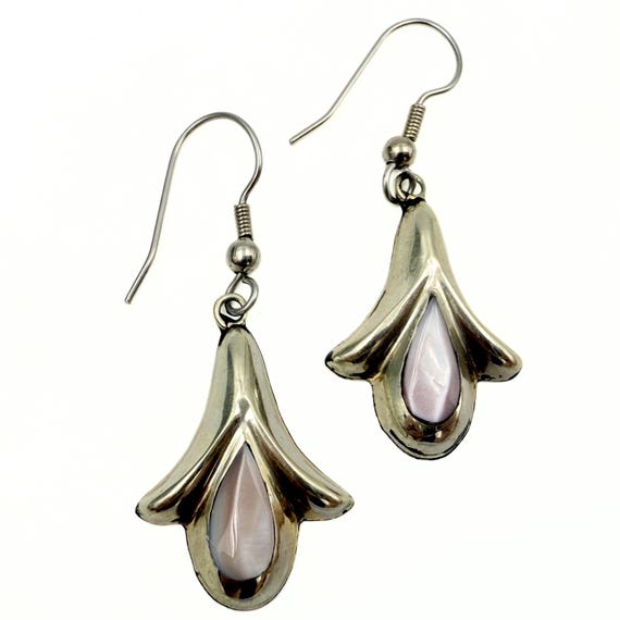 Mexico Alpaca Marked Tulip Motif Silver MOP Dangle Earrings