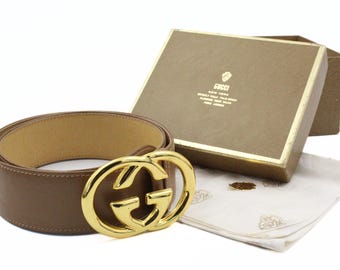 Gucci Designer High End Braun Leder Vergoldeter GG Gürtel mit Orig Box und Taschentuch