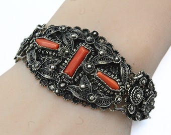 Stupendous Antique Chinese Export Silver Coral Panel Link Bracelet