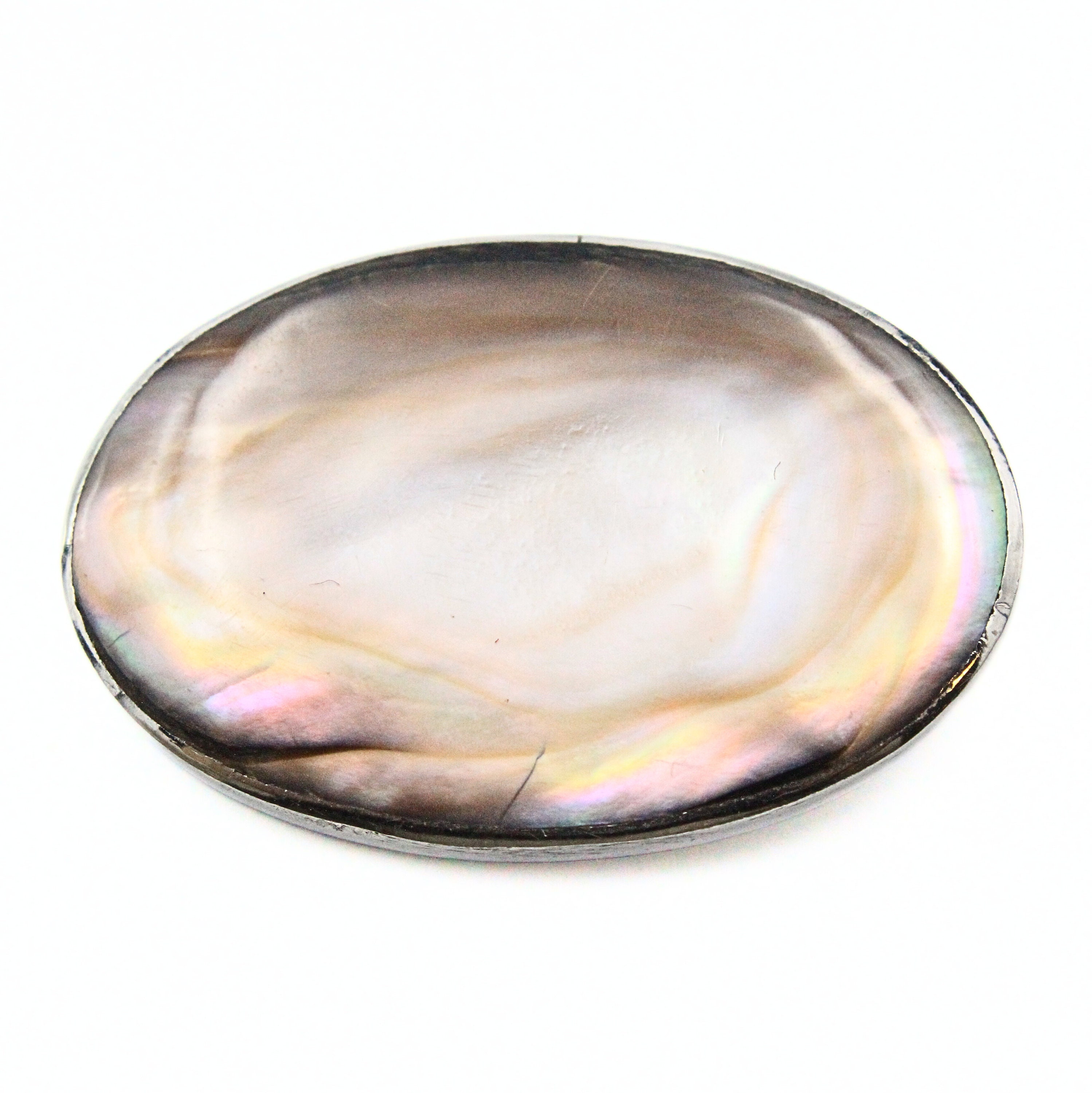Large Abalone Shell Brooch, Silver Tone Oblong Mother of Pearl Pin Iridescent Rainbow Shell Corsage Clasp, Vintage Coastal Statement Jewelry