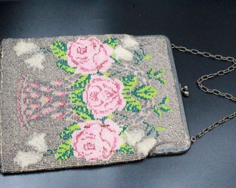 Excellent Condition! Antique Victorian Victorian Pink Floral Roses Framed Large Purse