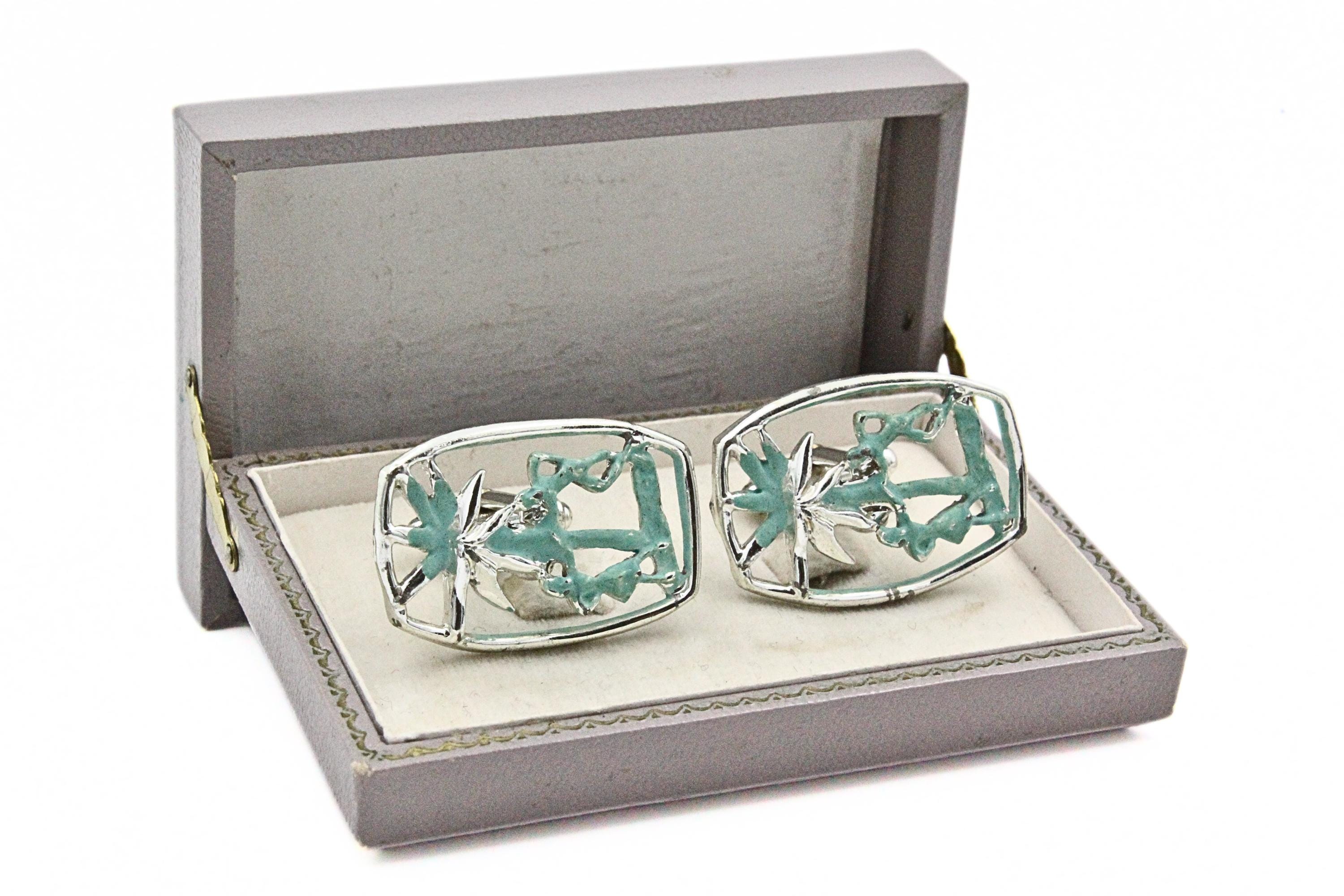 Handsome Silver Plated Hawaiian Couple Coconut Tree Green Enamel