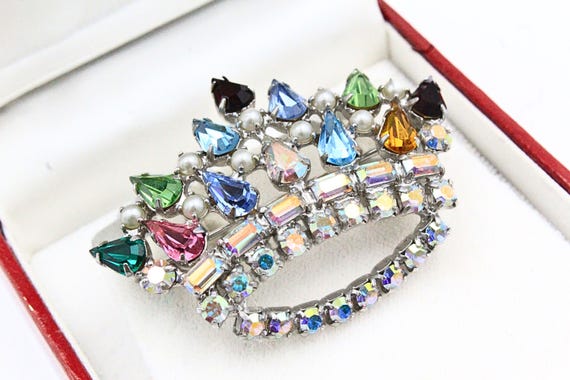 Adorable Signed B David Multi-Color Rhinestone AB Crystal Crown Brooch