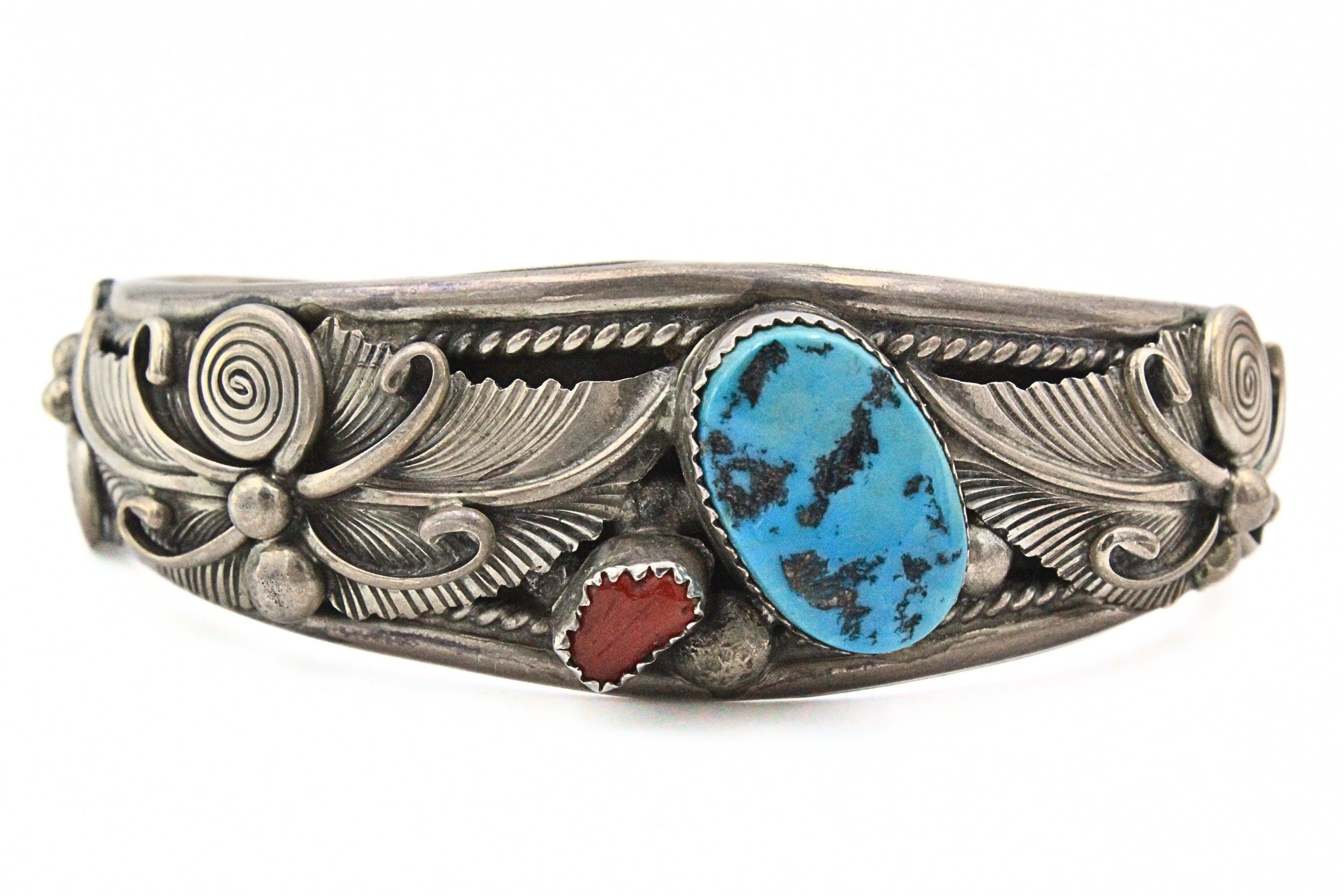 Navajo Turquoise Coral Cuff Bracelet, Lester Craig Sterling Silver