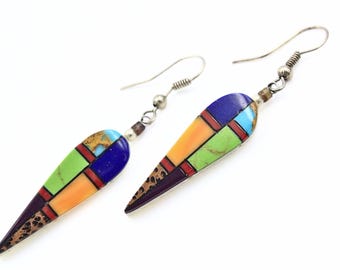 Vintage Santo Domingo Signed Multi Stone Mosaic Inlay Dangle Earrings, Navajo Southwestern Spiny Oyster Gaspeite Lapis Sterling Earrings