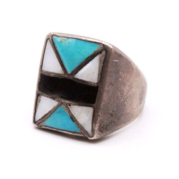 Vintage Sterling Silver Turquoise Onyx MOP Ring - image 1