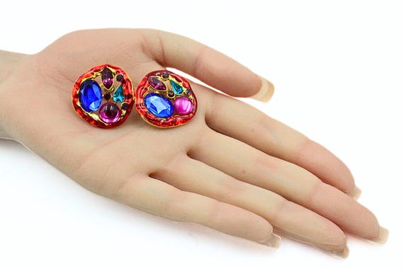 Vintage 80's Retro Red Blue Pink Green Foiled Acrylic Mint Post Earrings View 5