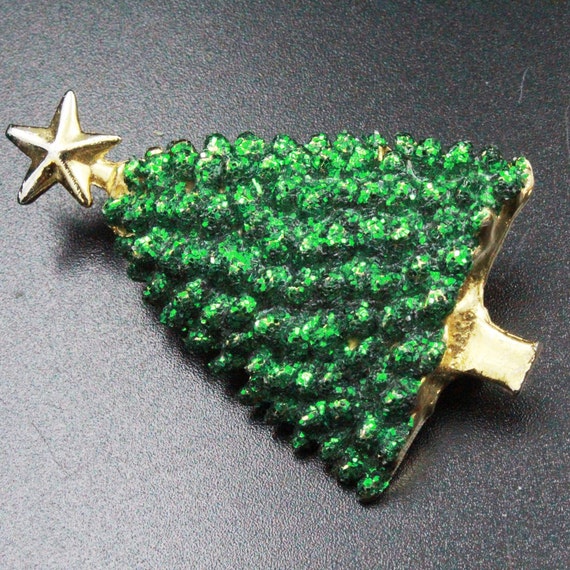 Vintage Holiday Christmas Tree Green Glitter Broo… - image 4