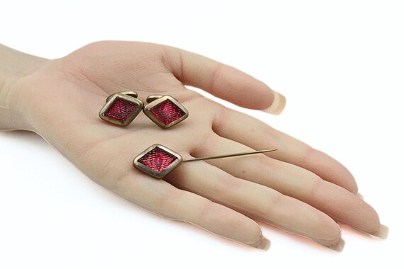Set De Boutons De Manchettes Et Barrette De Cravate Vintage - Forme Triangle Rouge - Occasion Pour Homme