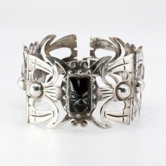 Vintage Sterling Silver Mexican Carved Aztec Face… - image 1
