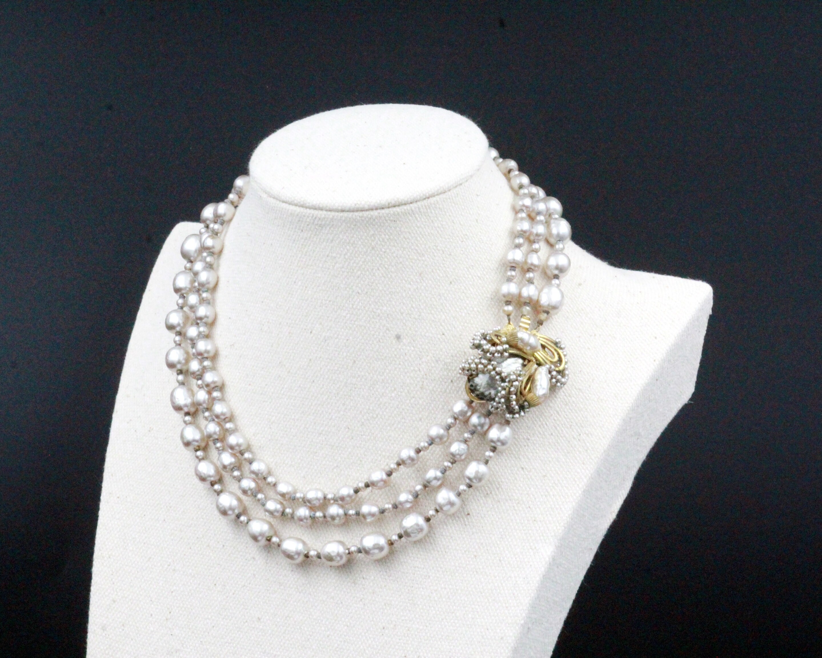 Miriam Haskell Signed Designer Triple Strand Faux Pearl