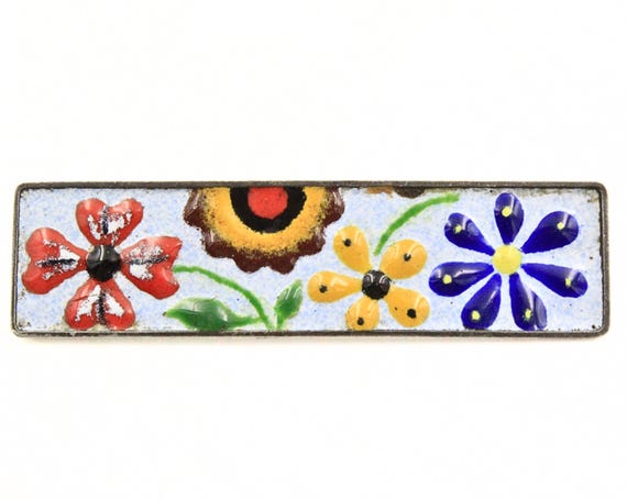 Antique Rectangular German Silver Multi Color Ena… - image 1