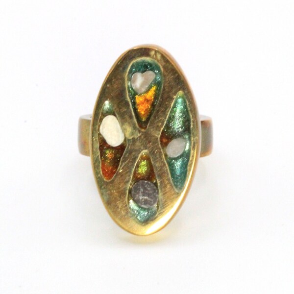 Vintage 80's Fused Dichroic Mosaic Glass Brass Sculptural Studio Modernist Ring Sz 6.5