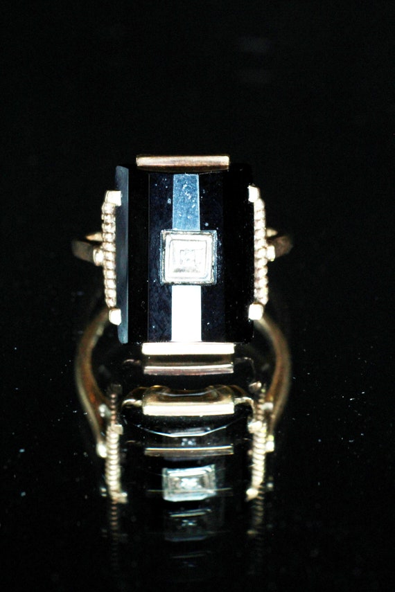 Antique Art Deco 10K Gold Onyx Diamond Ring - image 3