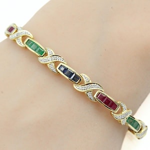 Impresionante pulsera de tenis de oro de 14 quilates con zafiros, rubíes, esmeraldas y diamantes, con etiqueta nueva.