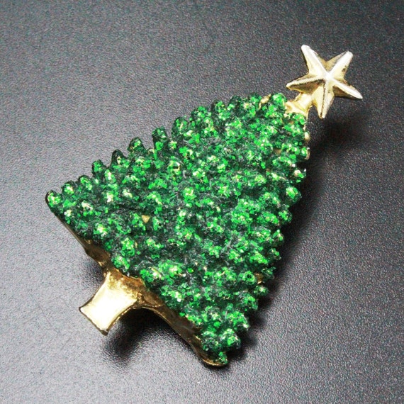 Vintage Holiday Christmas Tree Green Glitter Broo… - image 1