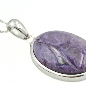 Charming BBJ Signed Sterling Silver Oval Charoite Pendant Necklace