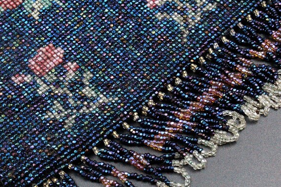 Antique Edwardian Floral Blue Micro Beaded Glass … - image 9