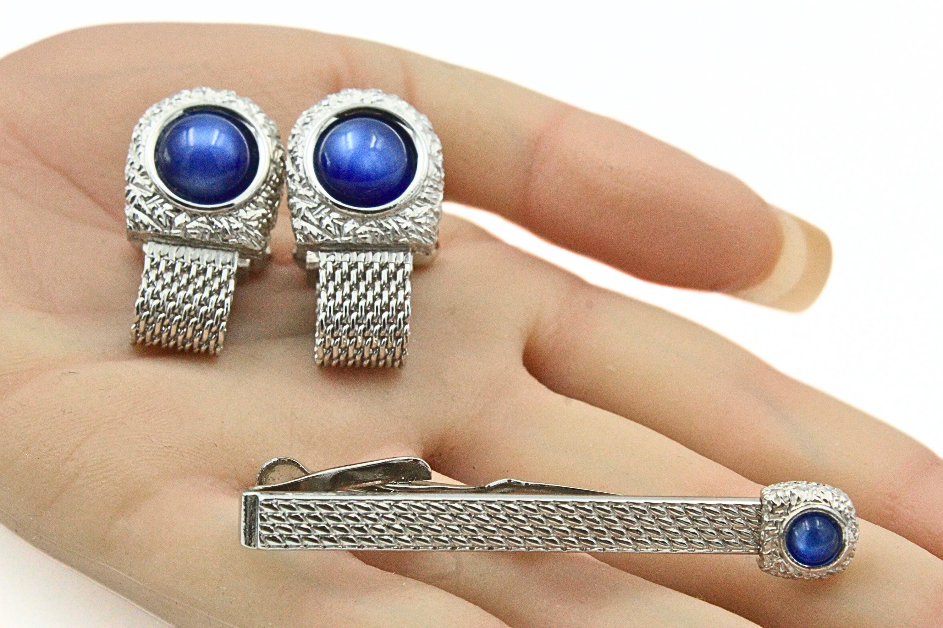 Swank Designer High End Blue Dome Thermoset Silver Plate Mesh