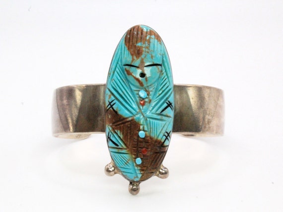 Exquisite Vintage Native American Zuni Turquoise Inlay Sterling Silver Corn Maiden Ring Exquisite Vintage Native American Zuni Turquoise Inlay Sterling Silver Corn Maiden Ring