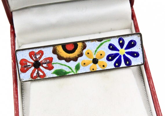 Antique Rectangular German Silver Multi Color Ena… - image 5