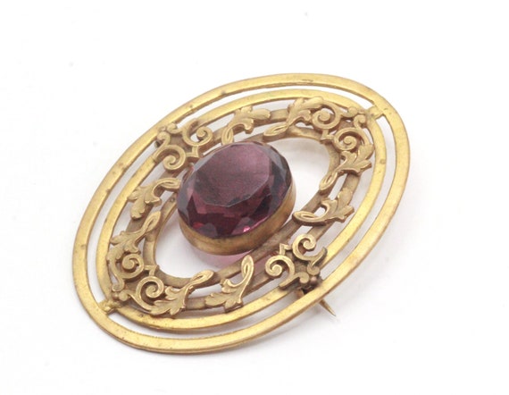 Antique Victorian Brass Faceted Round Purple Czec… - image 1