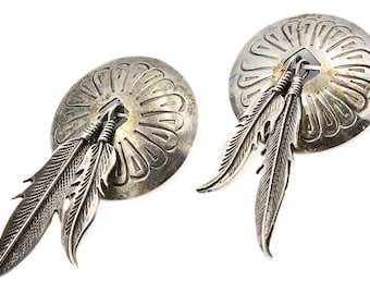 Terrific Sterling Silver Navajo Concho Feather Drop Post Earrings