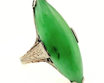 Art Deco Jade Ring 14K Gold, Antique Elongated Marquise Green Jadeite Ring Two Tone Filigree Statement Ring Vintage Estate Jewelry Size 6.25