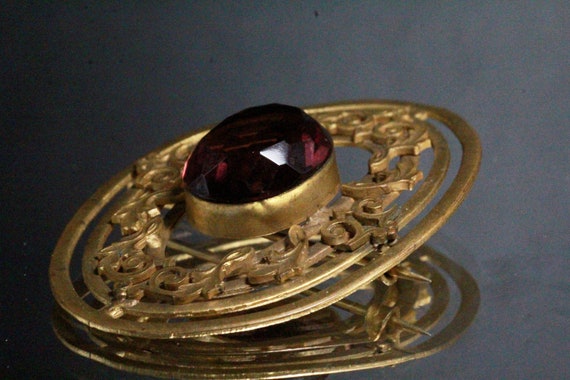 Antique Victorian Brass Faceted Round Purple Czec… - image 4