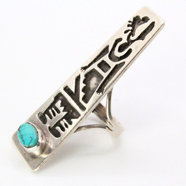 Vintage Sterling Silver Old Pawn Hopi Overlay Turquoise 2" Elongated Ring Sz 5.5