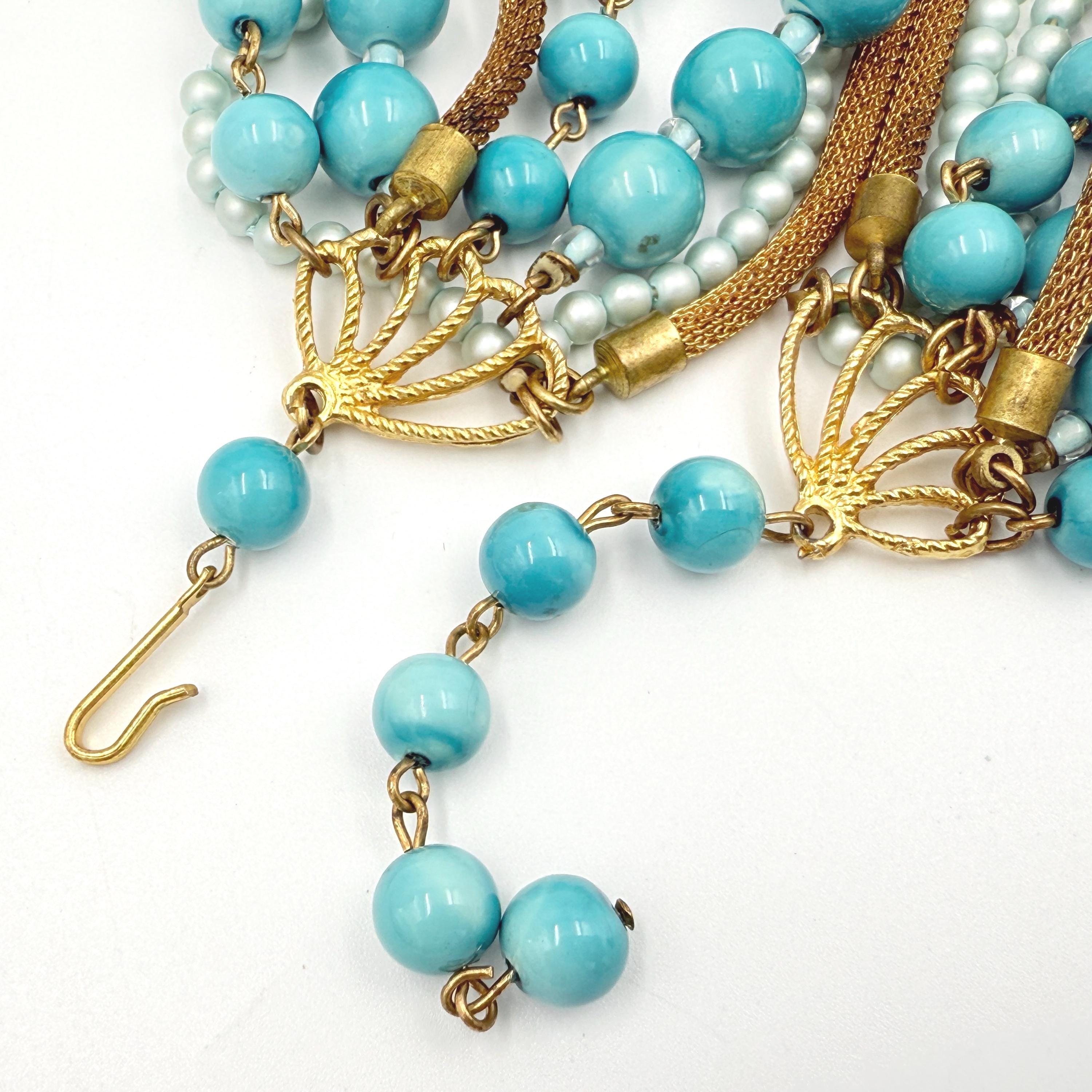 Vintage 60's Torsade Turquoise Resin Glass Beads Stunning Necklace