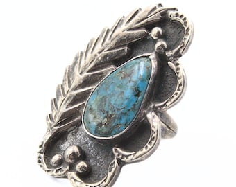 Hermoso anillo clásico de plumas turquesas de lingote de peón antiguo navajo temprano, talla 5.5