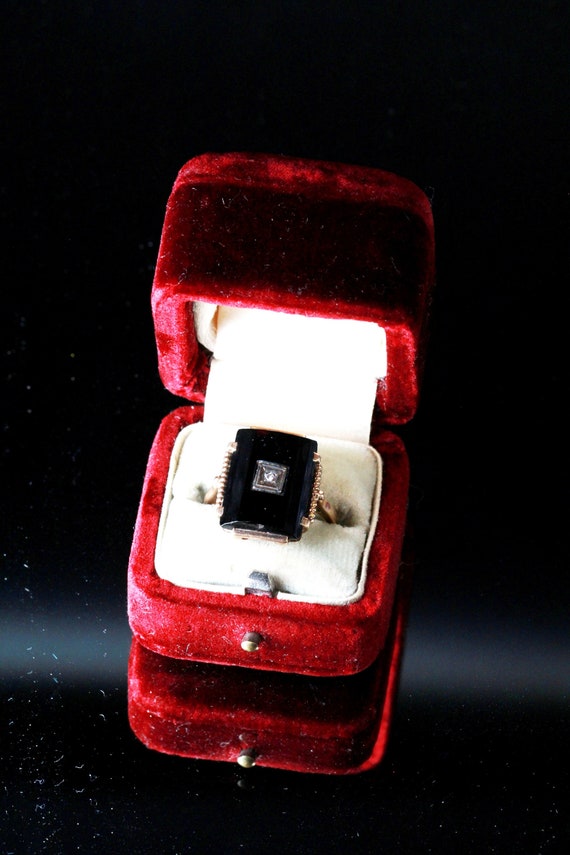 Antique Art Deco 10K Gold Onyx Diamond Ring - image 1