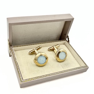 Swank Designer Signed Round Light Blueish Green Glass Gold Plated Cufflinks