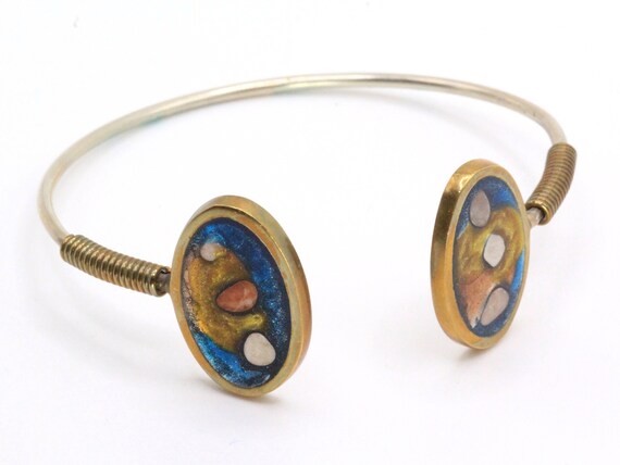 Vintage 80's Blue Fused Dichroic Glass Brass Stud… - image 3