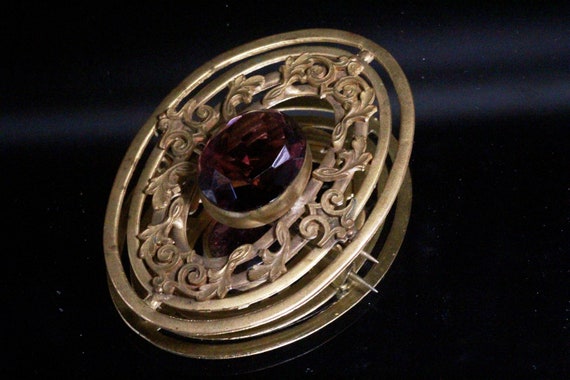 Antique Victorian Brass Faceted Round Purple Czec… - image 2