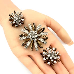 Designer Art Deco Sterling Silver Vermeil Textured Paste Glass Flower Set