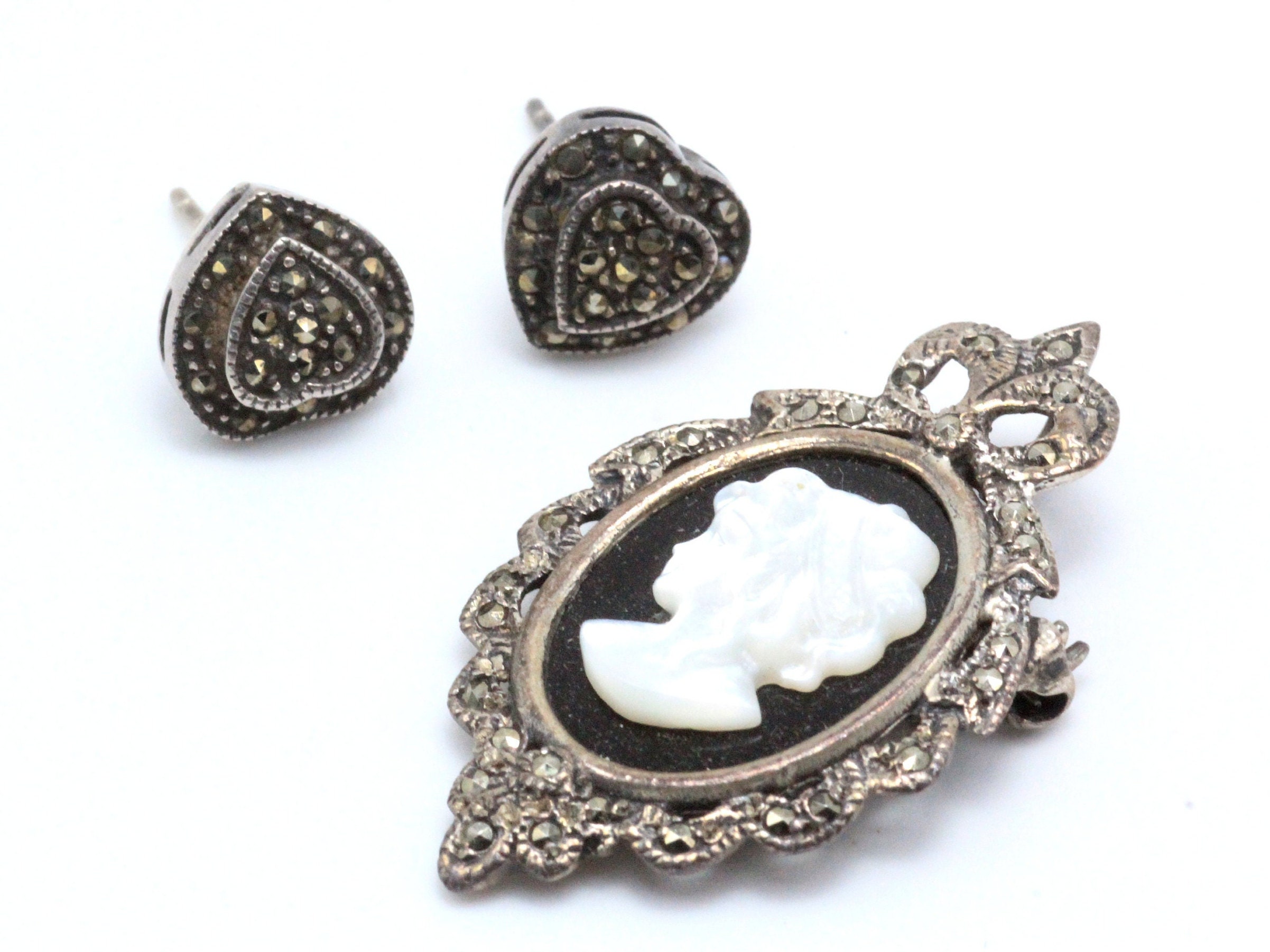 Sterling Marcasite Cameo Earrings - Etsy