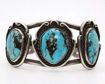 Old Pawn Early Navajo Sterling Silver Black Matrix Turquoise Three Stone Cuff Bracelet