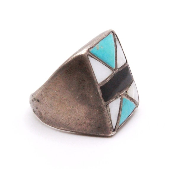 Vintage Sterling Silver Turquoise Onyx MOP Ring - image 5