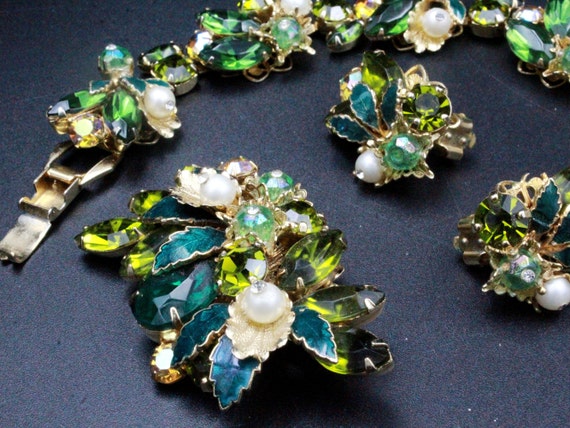 【希少】 Warman's Vintage Jewelry / ヴィンテージ Weiss Signed Rare High End Greens Pearl Rhinestones Glass