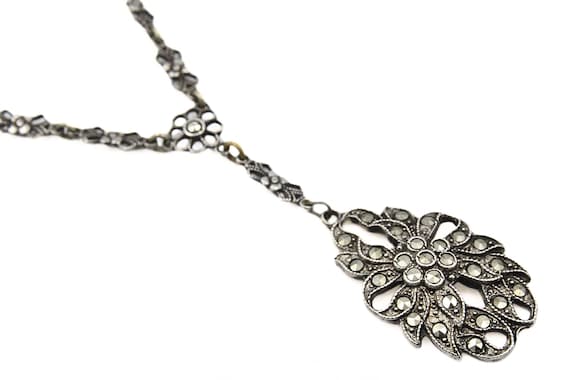 Spectacular Antique Art Deco Sterling Silver Marcasites Fancy Chain Neckace
