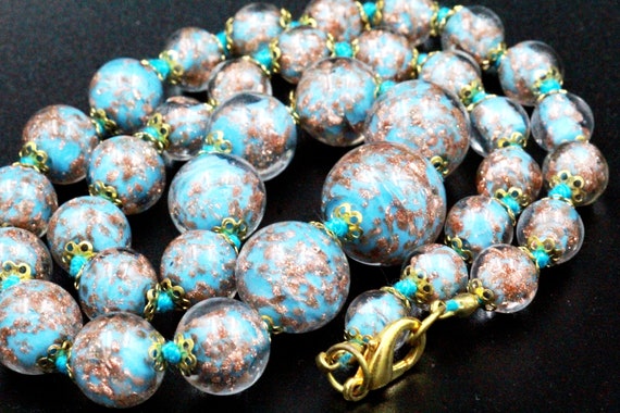 Vintage Venetian Foil Copper Aqua Blue Hand Knott… - image 10