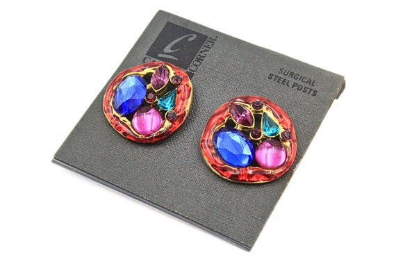 Vintage 80's Retro Red Blue Pink Green Foiled Acrylic Mint Post Earrings View 3