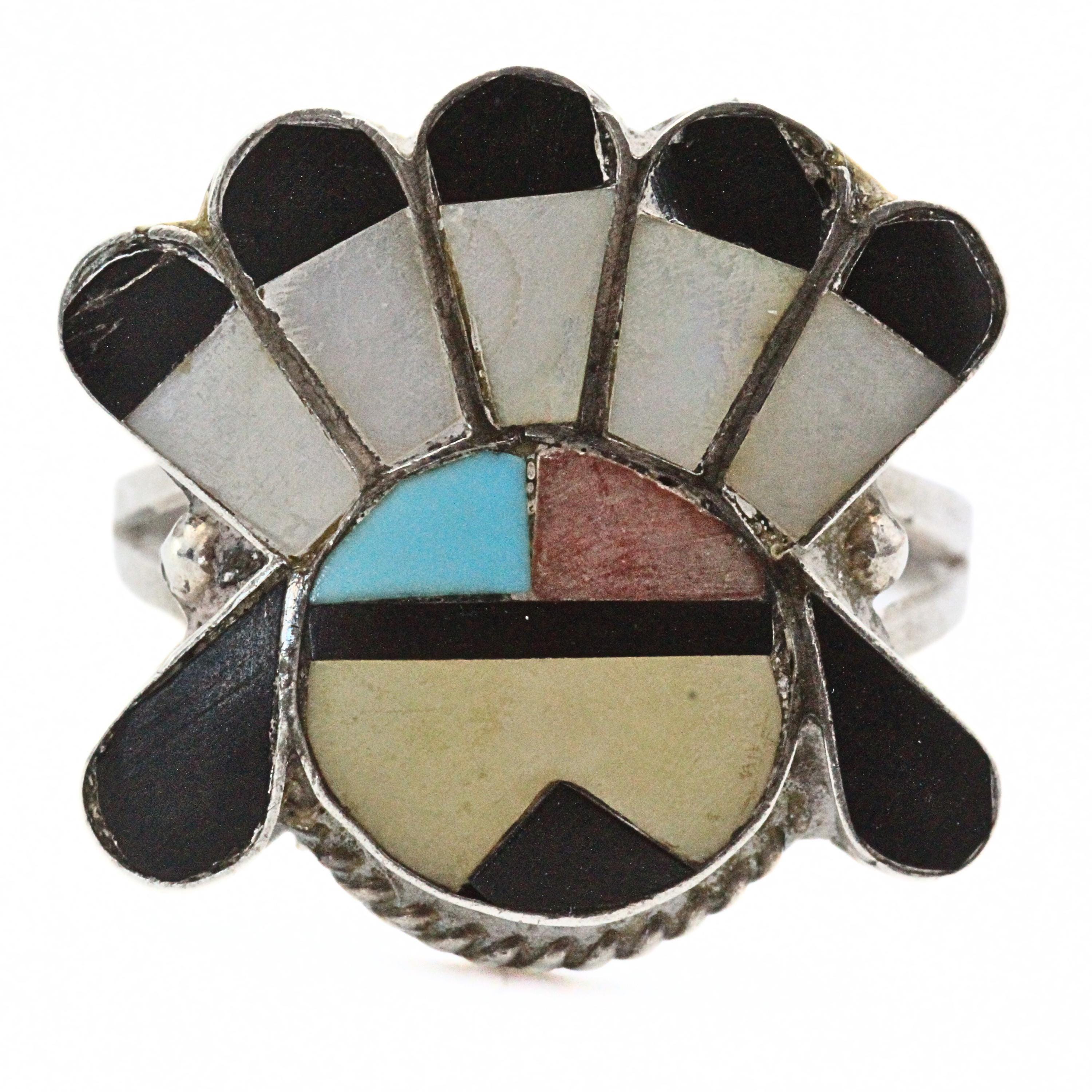Handsome Vintage Sterling Silver Zuni Sun Face Chief Ring Sz Handsome Vintage Sterling Silver Zuni Sun Face Chief Ring Sz