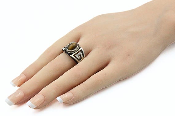 Hallmarked FDW Sterling Silver Southwest Cut Out Tiger's Eye Cab Ring Sz 8 View 2