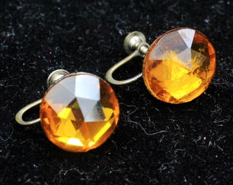 Antique Art Deco Sterling Silver Vauxhall Glass Yellow Orange Faceted Earrings