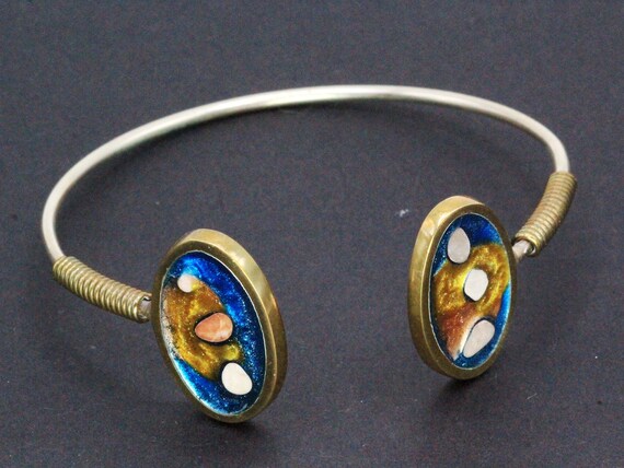 Vintage 80's Blue Fused Dichroic Glass Brass Stud… - image 2