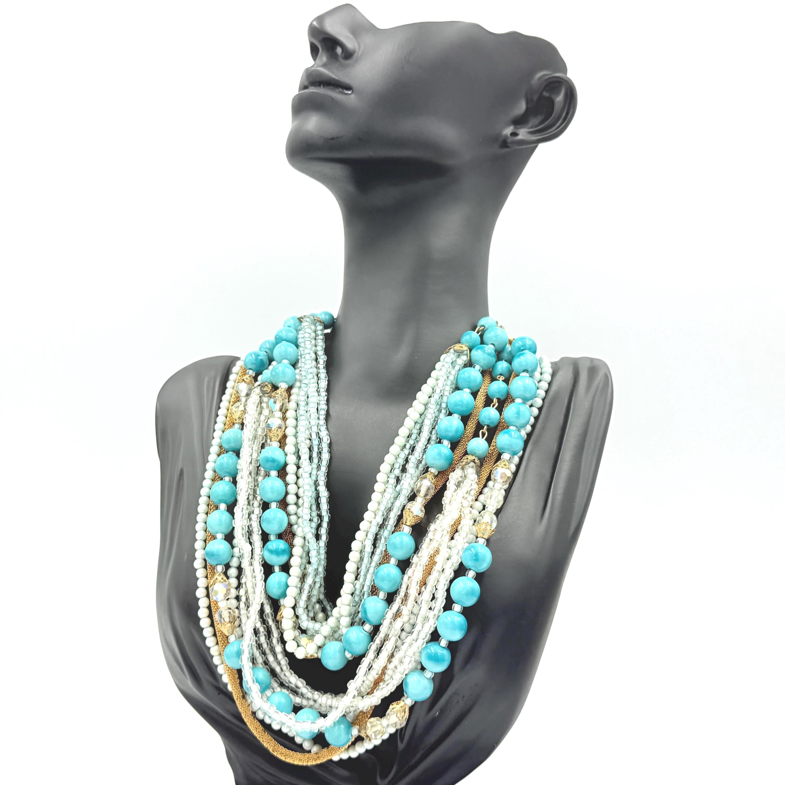 Vintage 60's Torsade Turquoise Resin Glass Beads Stunning Necklace